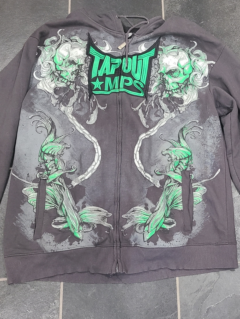 Mens Tapout MPS Black Hoodie with Neon Green Skull Graphic Size 5X
